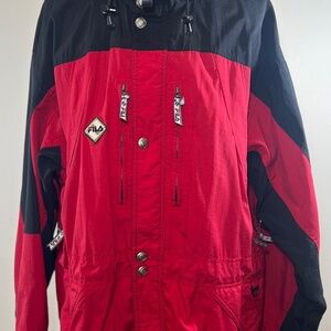 FILA Hood Jacket | Vintage Full Zip Snap Buttons Pockets Logo Red Black | XL